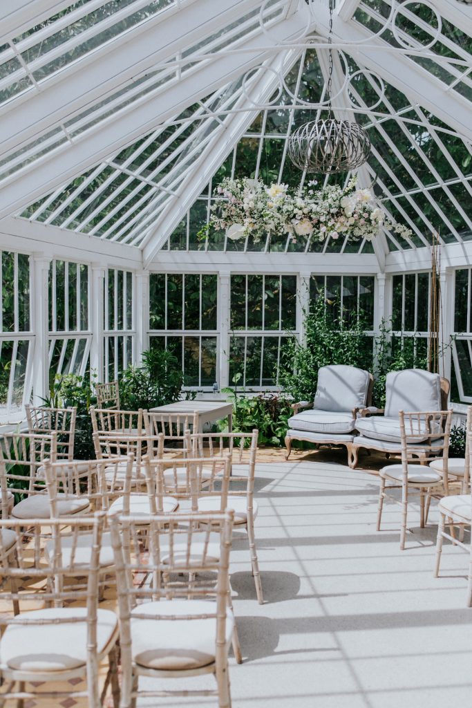 Wedding set up in the conservatory at Burncoose House